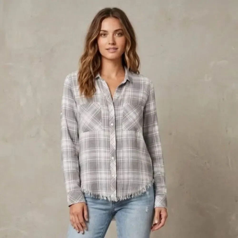 Cloth & Stone Women L Plaid Gray White Button Down Shirt Frayed Hem High Low
